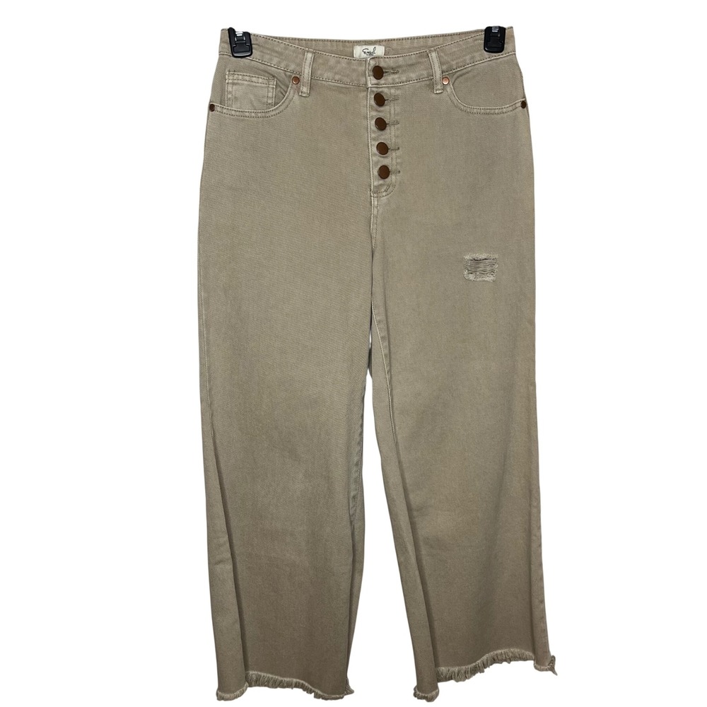 Easel Los Angeles Tan‎ Khaki Wide Leg Button Fly Distressed Jeans Medium Raw Hem